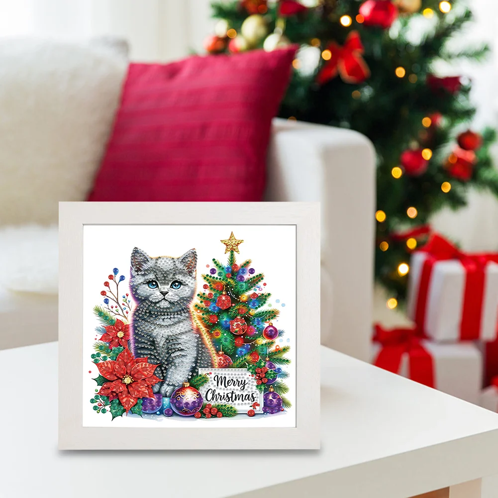 5D DIY Partial Special Shaped Drill Diamond Painting Christmas Cat 22.8x22.8cm【With Frame】