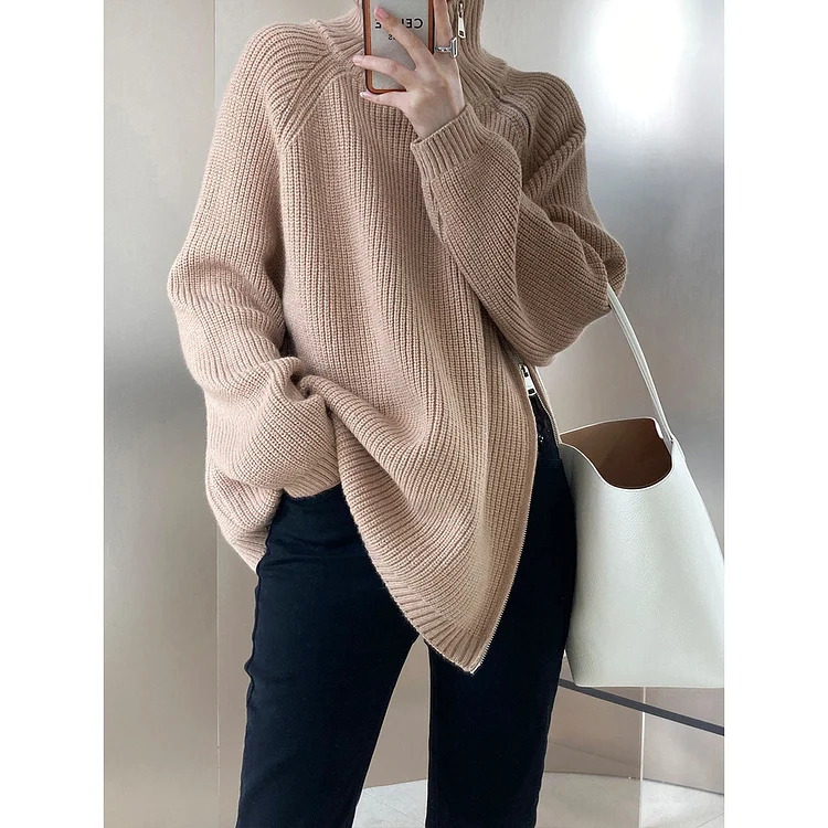 Casual Solid Color Zipper Turtleneck Knit Sweater