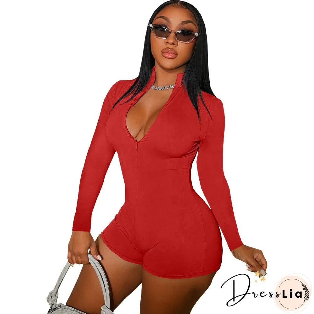 Solid Zipper Front Long Sleeve Bodycon Romper