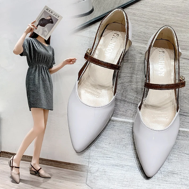 Breakj New Fashion Pointed Sandals Feminine Fashion Buckle Strap Square Heel Patent Leather Women's Shoes Baotou Sandals Zapatos