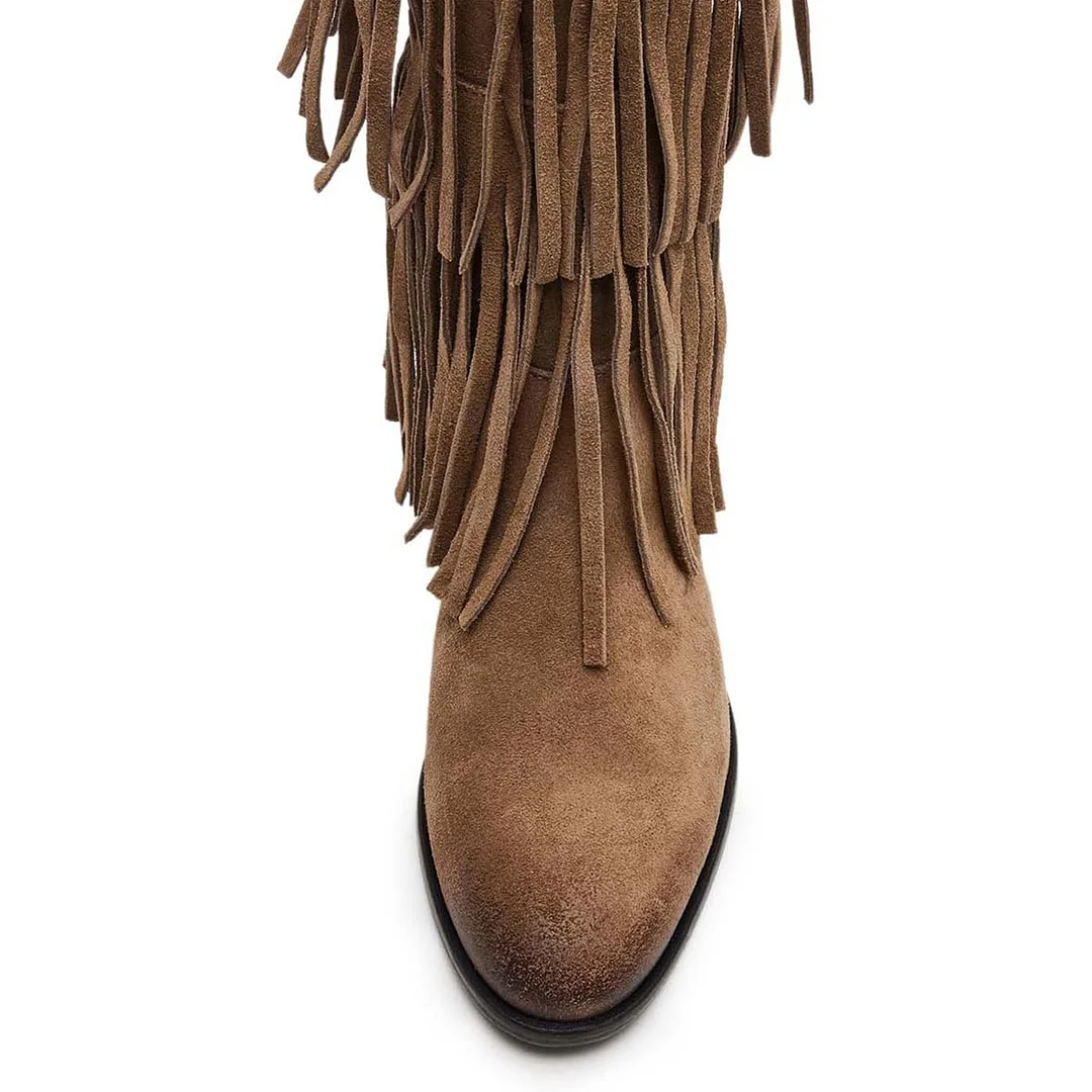 Vegan Suede Closed Toe Fringe Mid-Calf Women's Flat Boots in Khaki