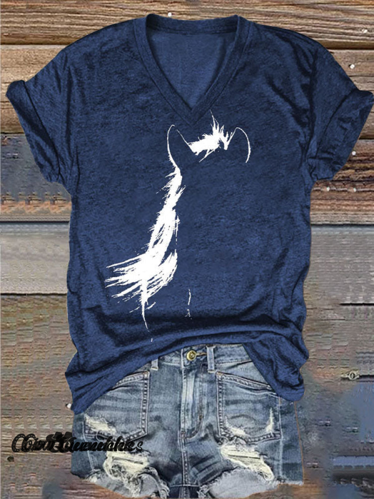 Women’s Vintage Print V-Neck Casual T-Shirt Blue / S