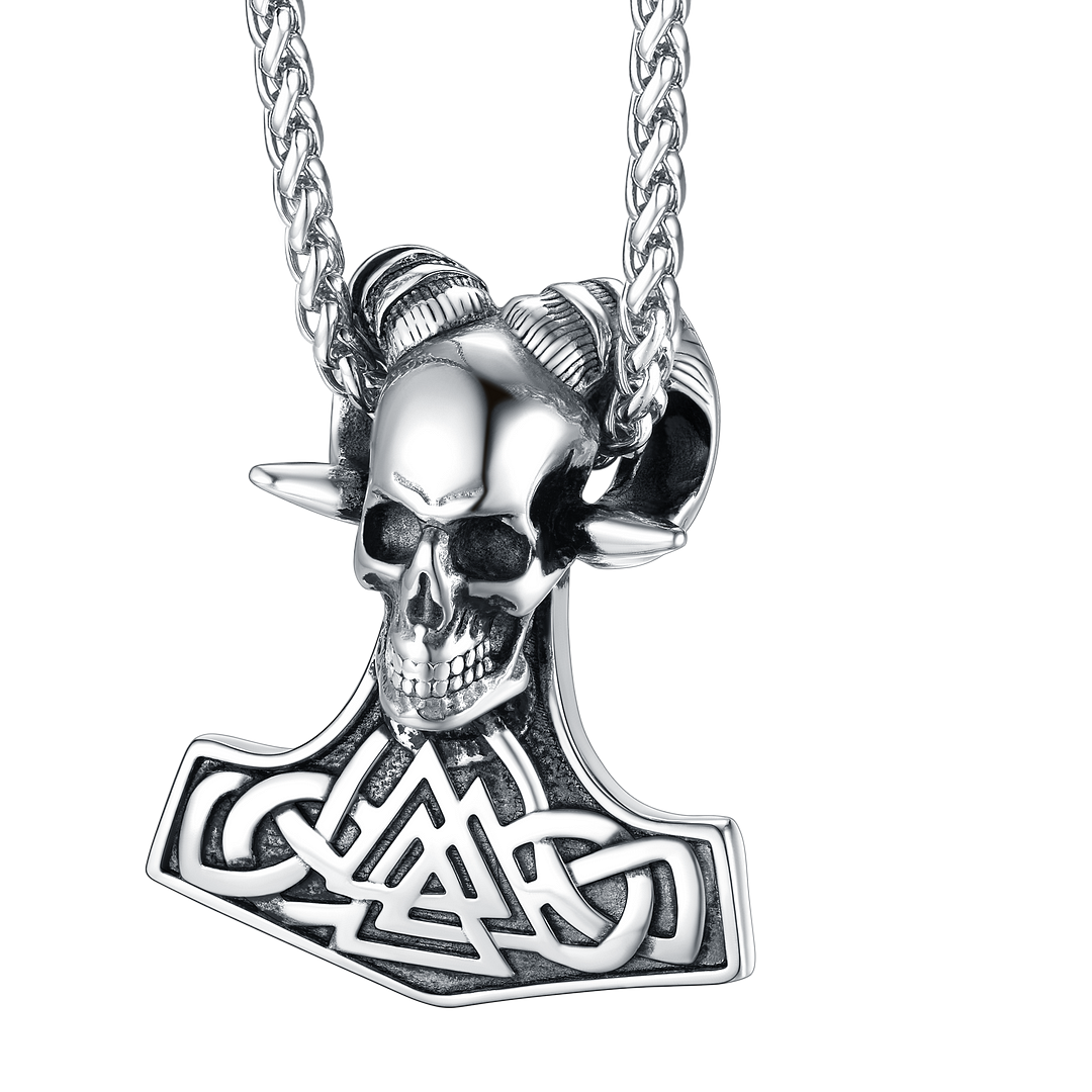 Viking Thor's Hammer Necklace Skull Pendant for Men