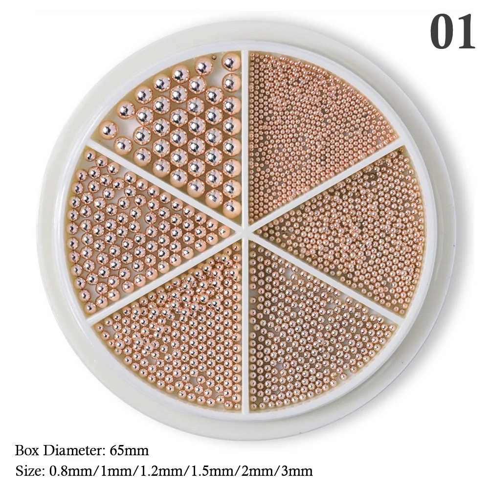 [Beautizon] 6 Grids Tiny Steel Caviar Beads 0.8-3mm Mixed Size 3D Design Rose Gold Silver Jewelry Manicure DIY Decoration