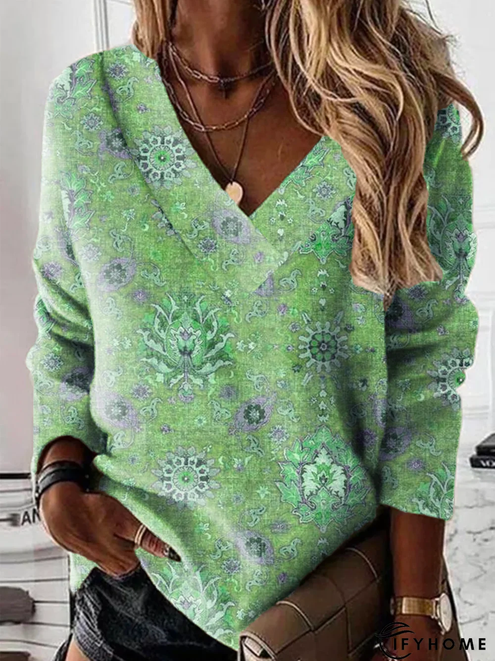 V Neck Printed Casual Tunic Sweatshirt | IFYHOME