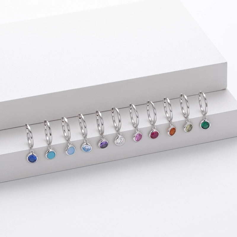 1 Pair 925 Sterling Silver Birthstone Round Drop Earrings