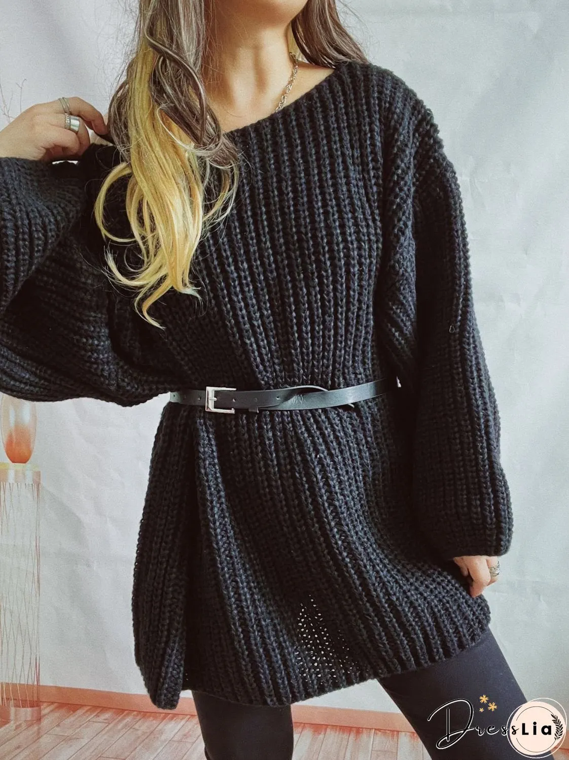 Boat Neck Long Sleeve Sweater with Belt