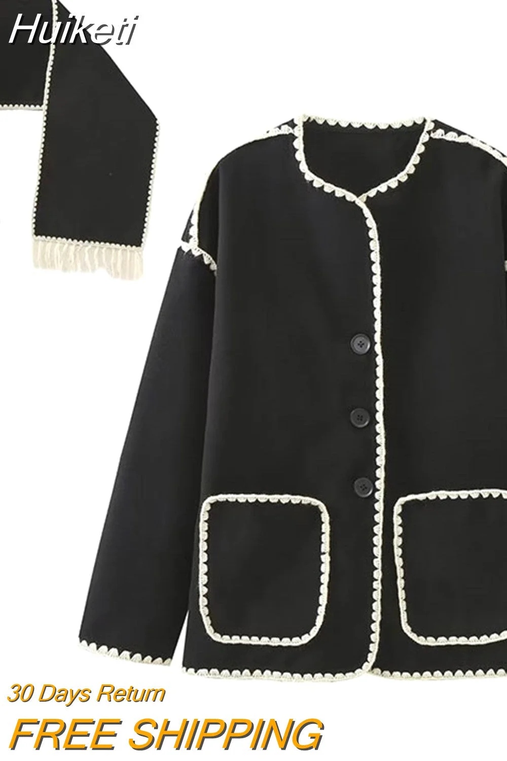 Huiketi New Autumn Winter Women Vintage Coat Black Crochet Contour Scarf Straight Button Pocket Elegant Casual Female Chic Coats