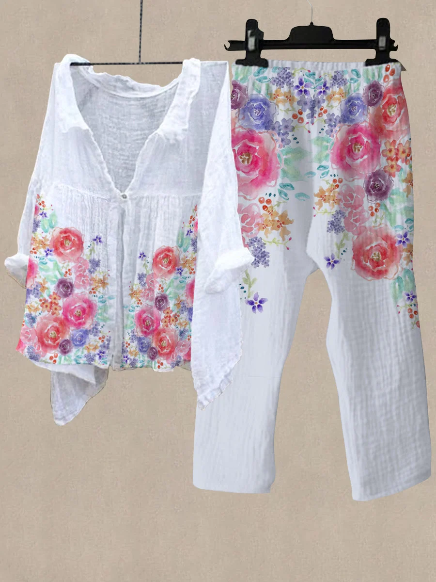 Women's Garden Print Shirt Collar Top And Casual Pants Linen Two Pieces