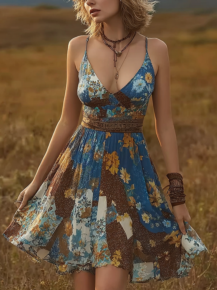 Retro Color Block Patchwork Design Plant Flower Pattern Printed Women's Linen Dress elevenforest