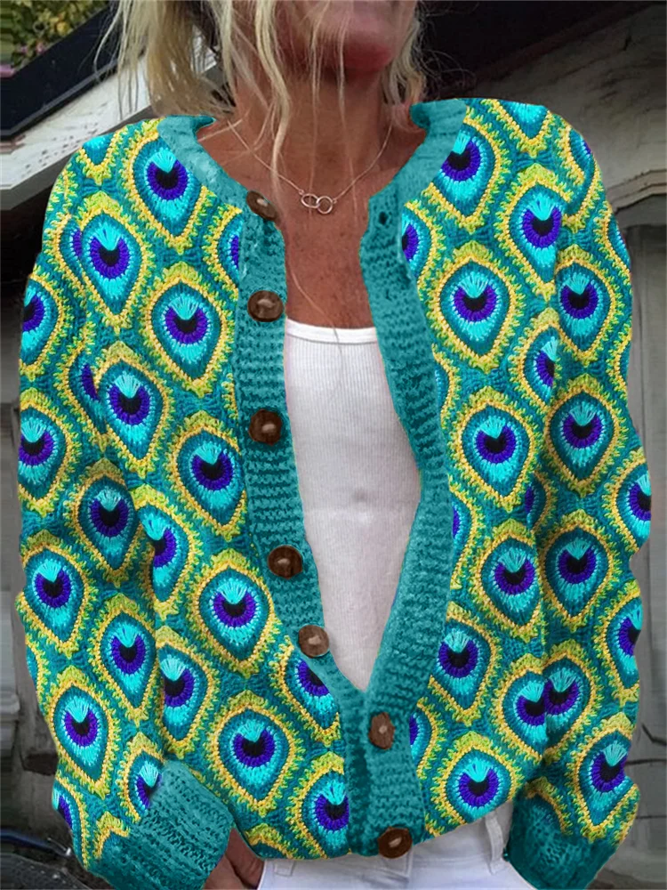 Turquoise Peacock Feathers Crochet Cozy Cardigan
