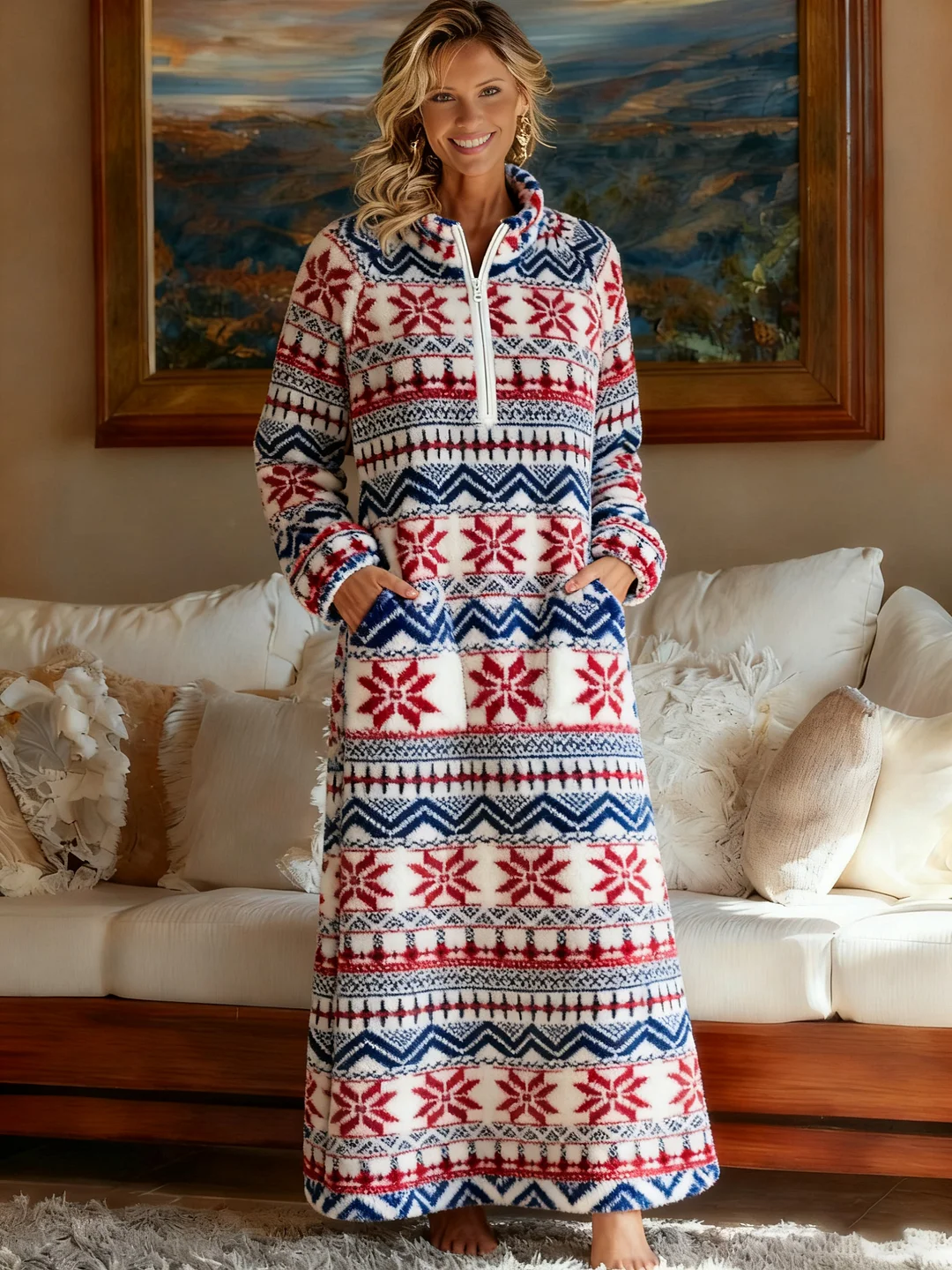 Ric Rac Plush Robe Classic Print Zip up Plush Robe