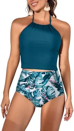 Two Piece Tummy Control Halter Tankini Swimsuit 