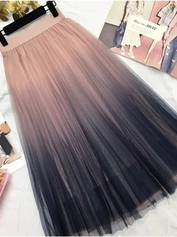 pornhint Pornhint TIGENA Beautiful Gradient Color Long Tulle Skirts Women Korean A-line High Waist Pleated Maxi Skirt Female School Skirt Girls