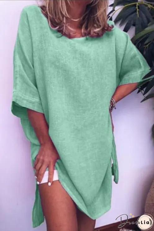 Meridress Half Sleeve Side Split Cotton Linen Dress