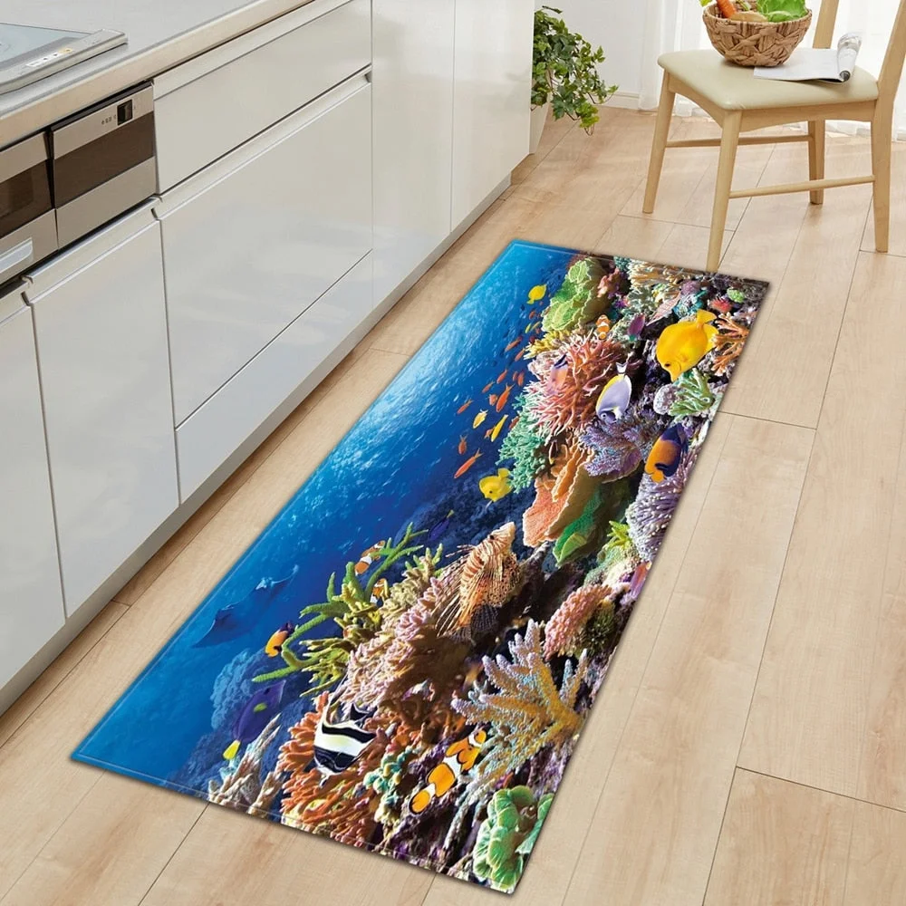 3D Underwater World Kitchen Mat  Entrance Doormat Bedroom Floor Decoration Living Room Carpet Bathroom Non-Slip Rug Long Strip