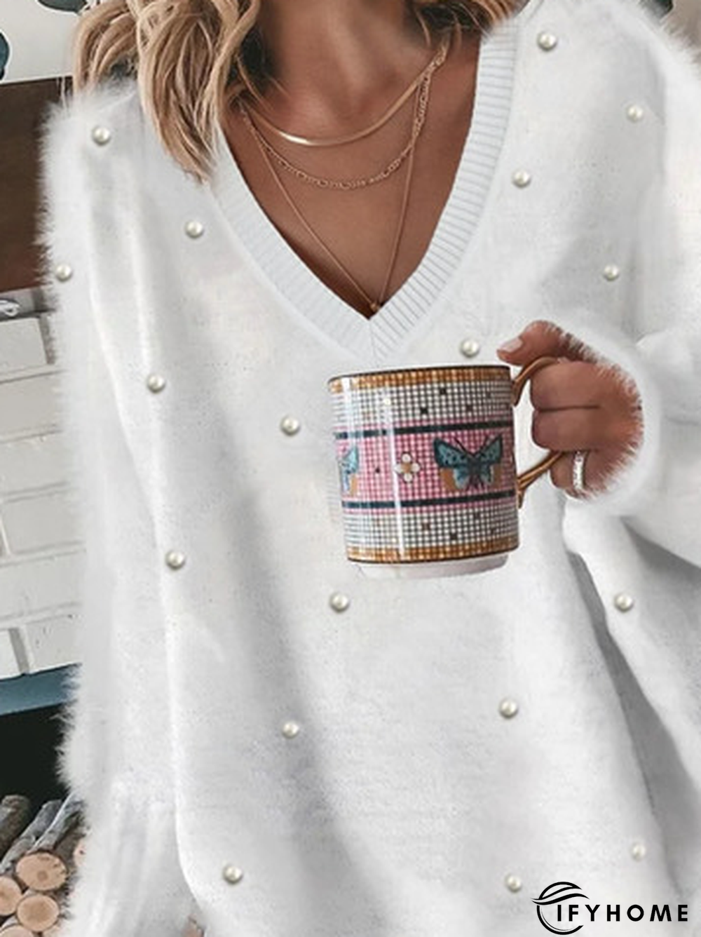 V Neck Casual Plain Pearl Fuzzy Tunic Sweater Knit Jumper | IFYHOME