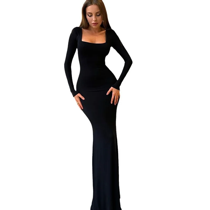 Uveng Uveng Women's Autumn And Winter New Fashion Temperament Pure Color Slim Tie With U-Neck Long-Sleeve Dress