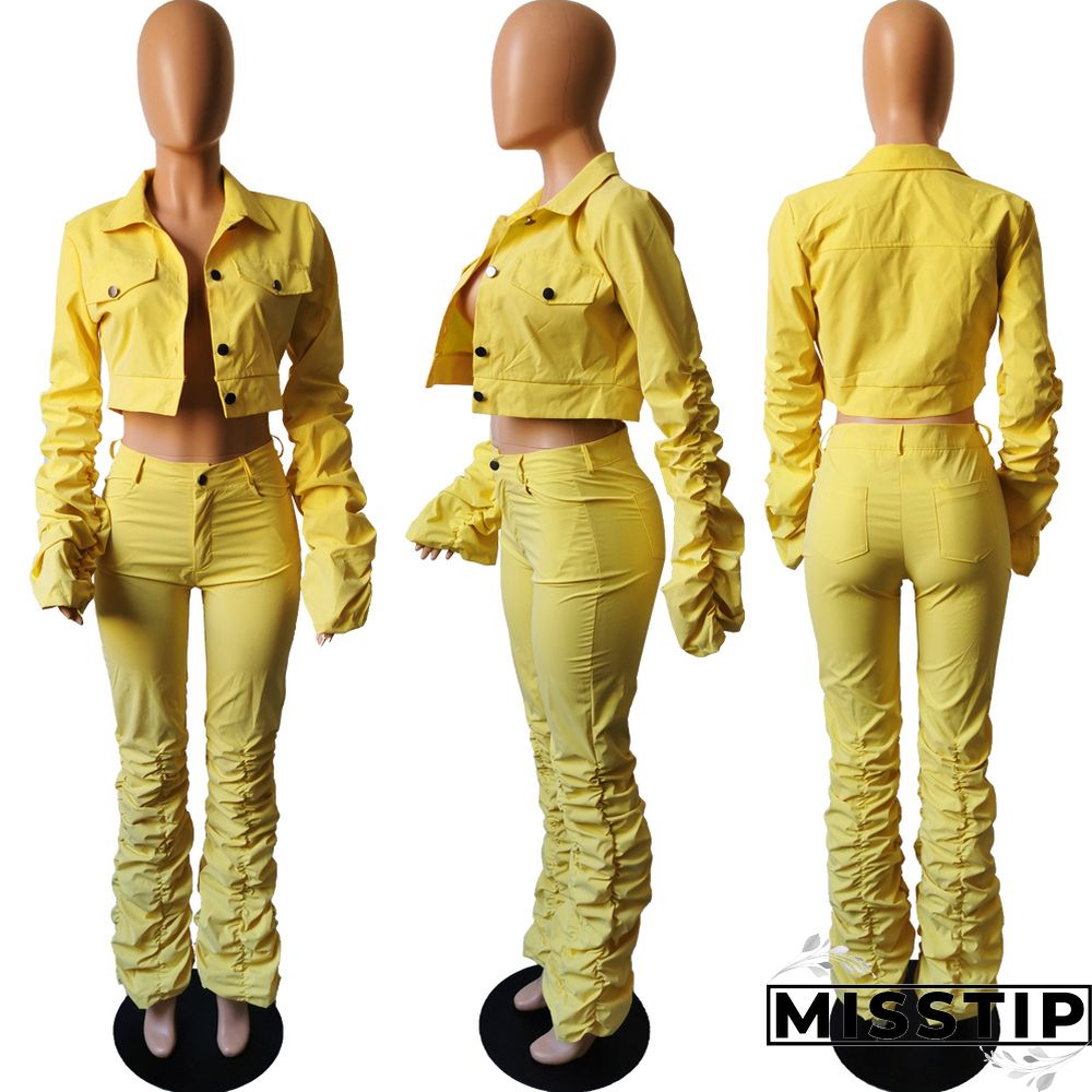 Flare Sleeve Wrinkle Short Jacket+Skinny Flare Legs Suits