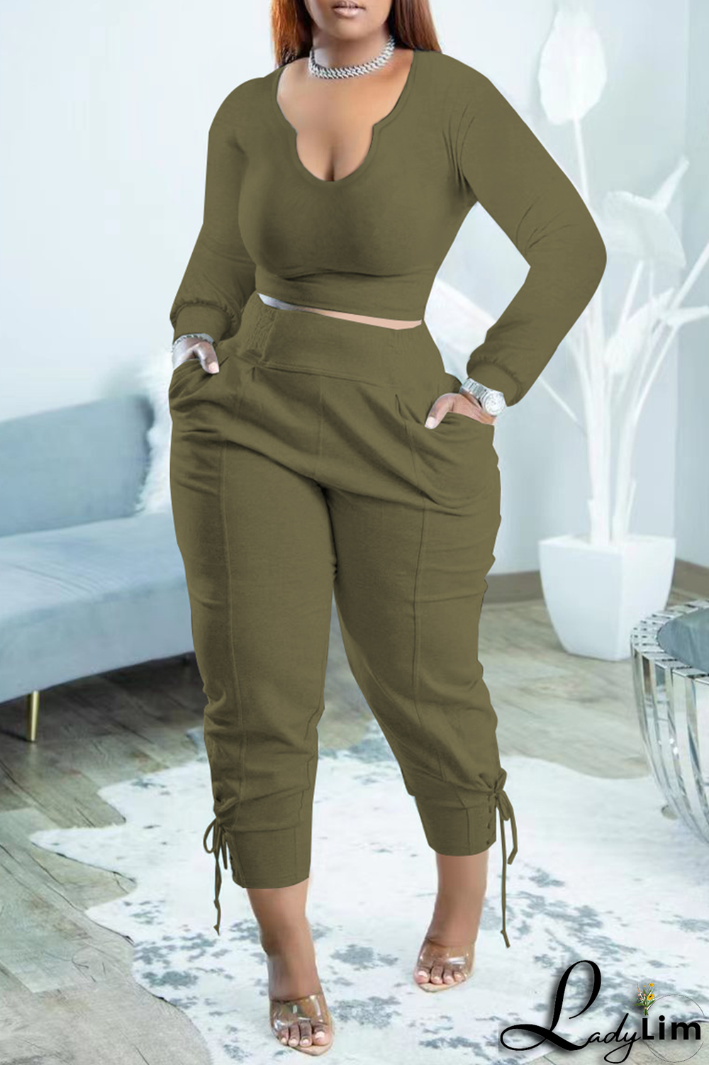 Blue Fashion Solid Draw String U Neck Long Sleeve Two Pieces