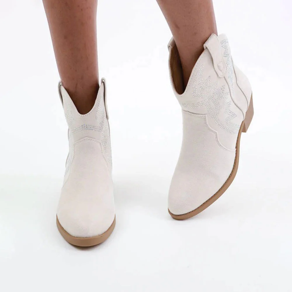 White Closed Toe Block Heel Rhinestone Western Ankle Boots for Women
