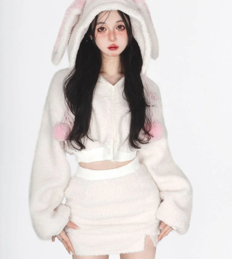 Bunny Hooded Top + Cute Bunny Mini Skirt - Pinkidollz