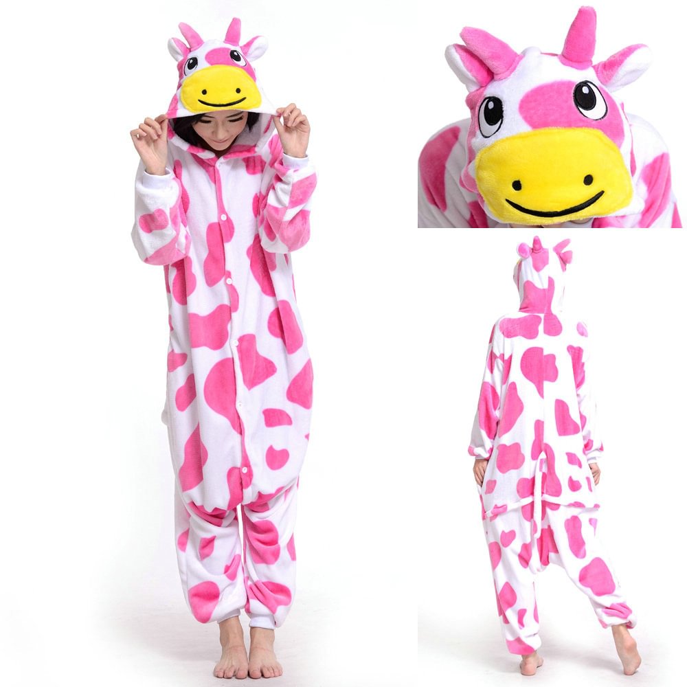 Pink Milk Cow Kigurumi Pajamas Hoodie Animal Costume Onesies-Pajamasbuy