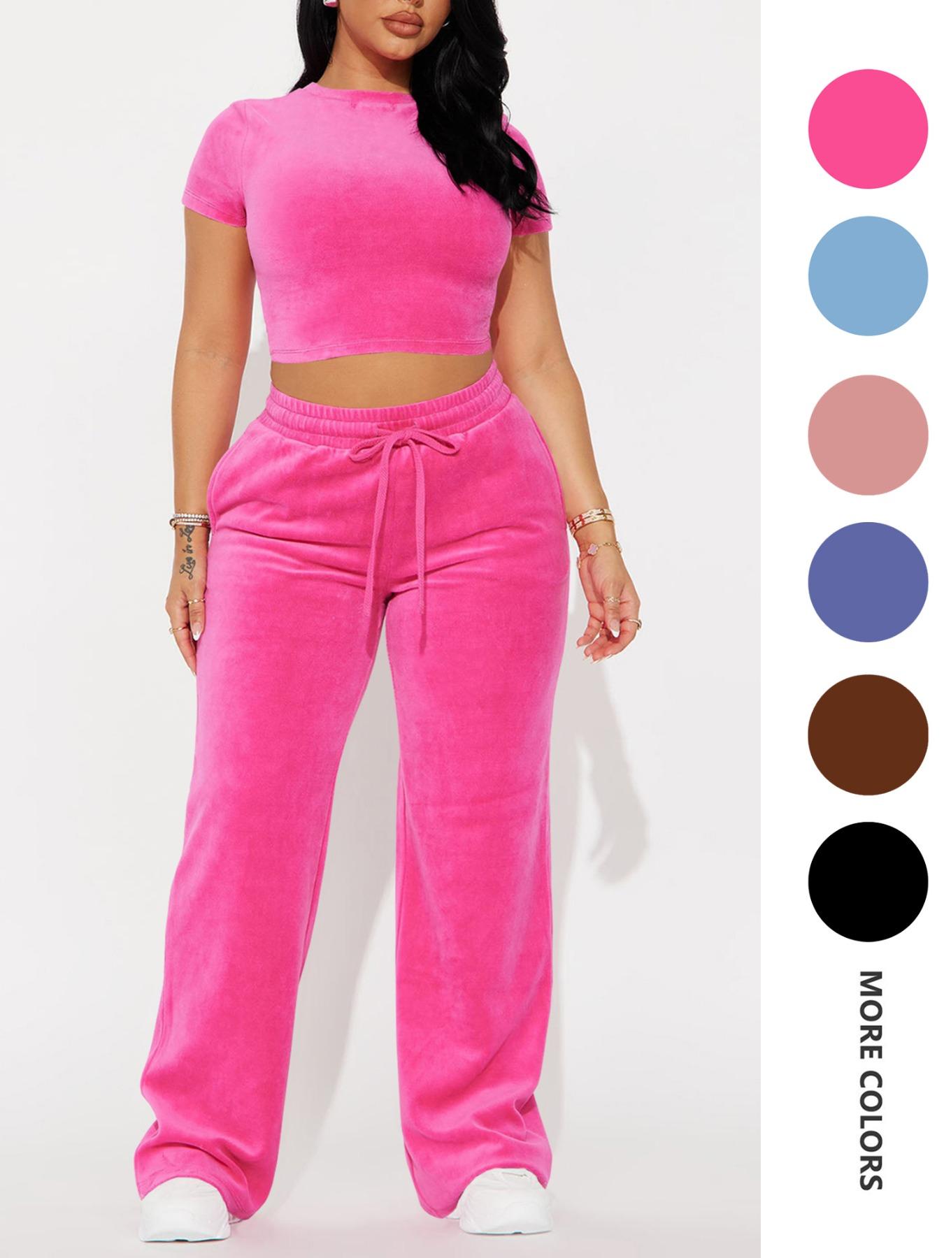 Two-piece Set Women's Solid Crop Tee & Drawstring Waist Pants Velvet Set, Casual Short Sleeve Round Neck T-shirt & Elastic Waist Trousers, Ladies Summer Clothes, Casual Matching Set Two-piece Set Women's Solid Crop Tee & Drawstring Waist Pants Velvet Set, Casual Short Sleeve Round Neck T-shirt & Elastic Waist Trousers, Ladies Summer Clothes, Casual Matching Set