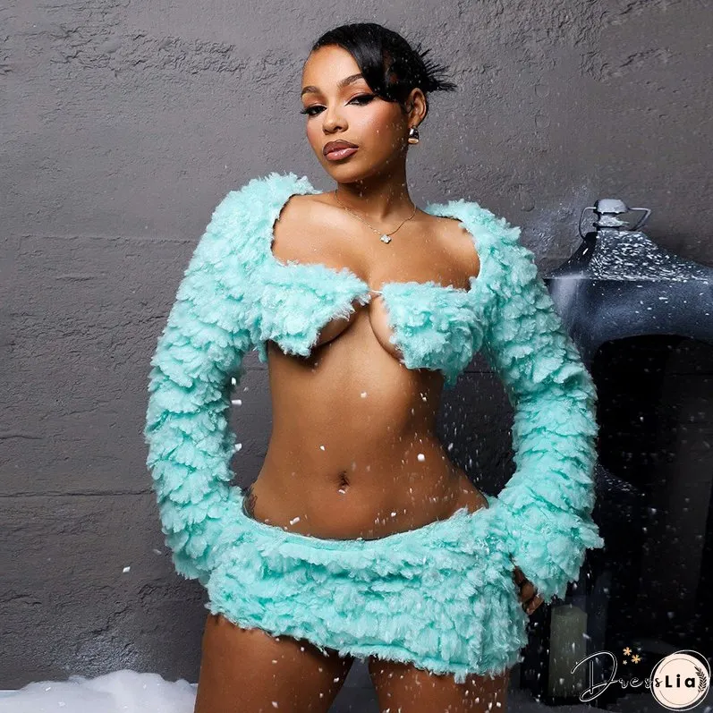 Autumn And Winter Mint Green Long Sleeve Fur Coat Short Skirt Two Piece Set