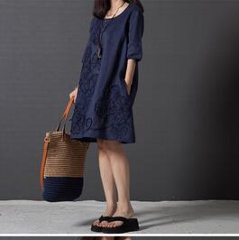 Women Casual Floral Half Sleeve Cotton Linen Dress