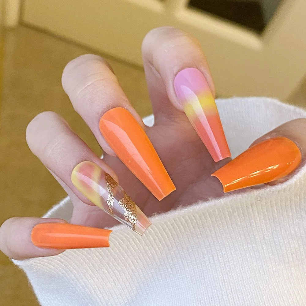 24pcs Long Coffin False Nails Wearable Ballerina Fake Nails Orange gradient gold foil nails Full Cover Nail Tips Press On Nails-Nail Inspo