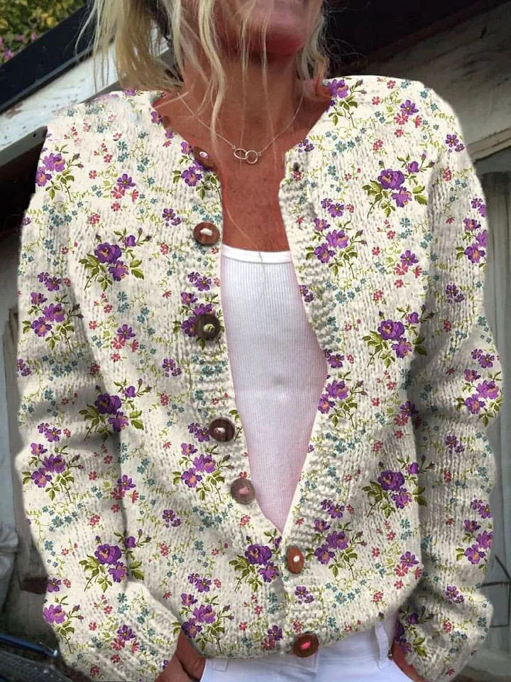 Flower Art Print Buttoned Cardigan Sweater