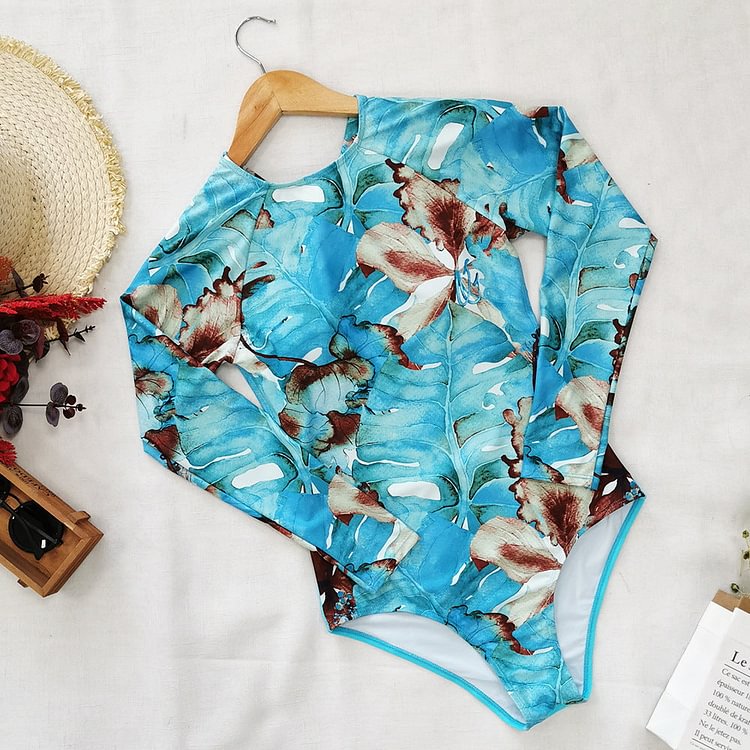 Flaxmaker Print Floral Long Sleeve Retro Blue One Piece Swimsuit