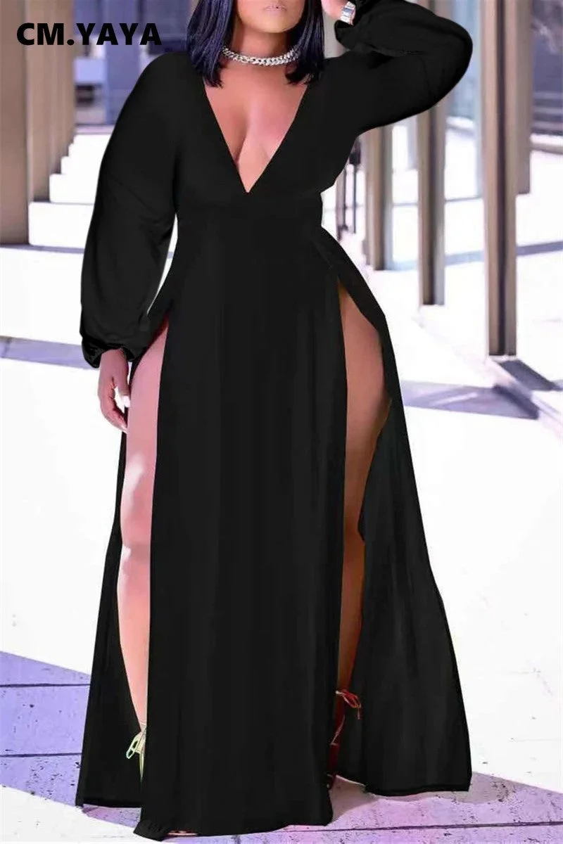 CM.YAYA Women Plus Size Dress Solid Cleavage Splited Maxi Long Dresses Female Fashion Sexy Night Club Vestidos Autumn Outfits