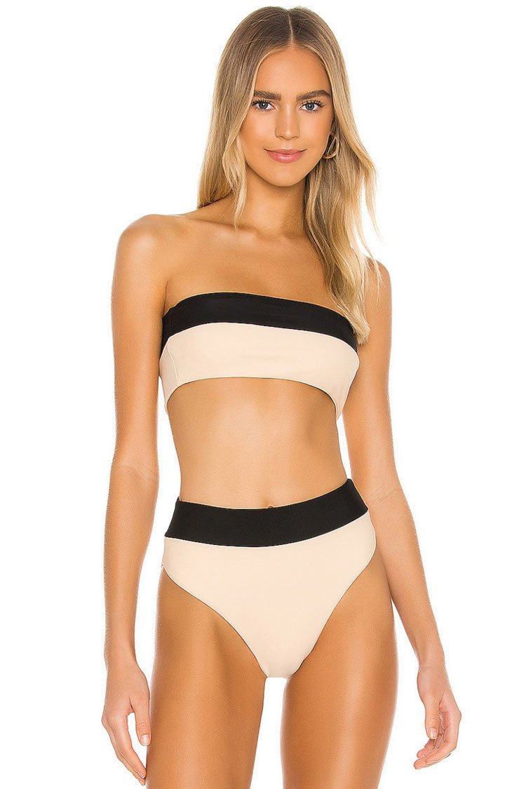High Waist Color Block Bandeau Bikini Swimsuit - Two Piece Set-elleschic
