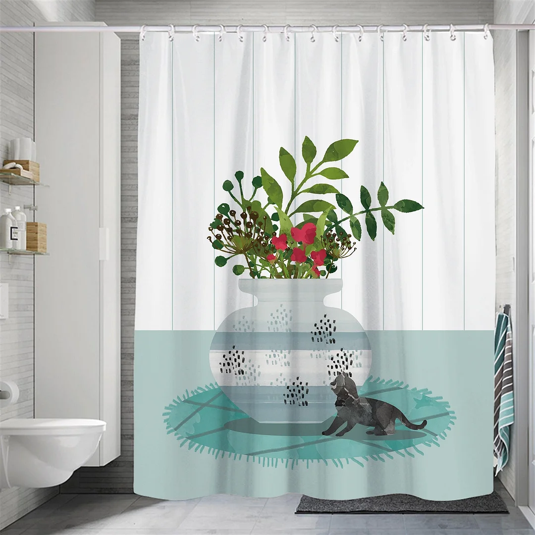 Modern Small Fresh Shower Flower Cat Shower Curtain Polyester Frabic Waterproof Polyester Bathroom Curtain with Hooks Home Decor