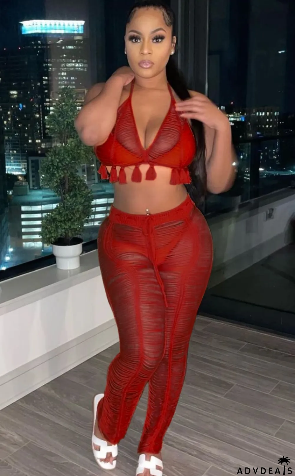 Autumn Sexy Red Knit Hollow Out Tassel Bra and Pants Set