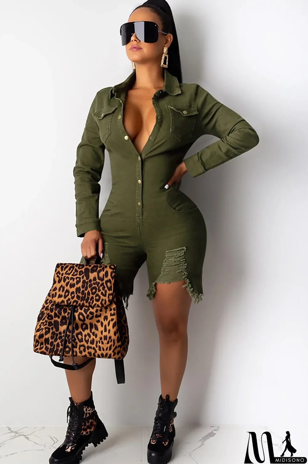 MidiSono - Black Sexy Solid Button washing Cotton Long Sleeve Turndown Collar Rompers