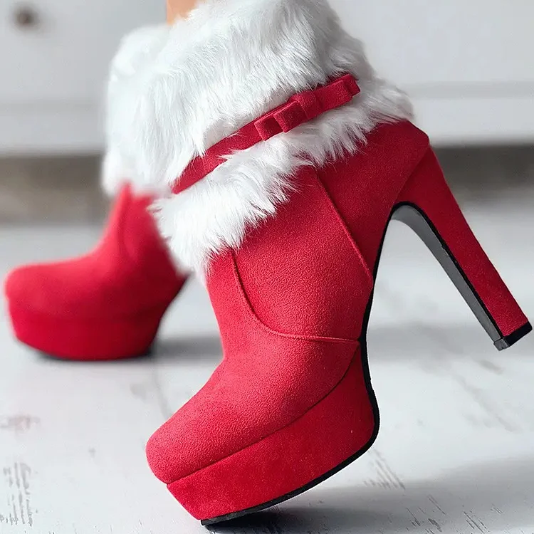 Red Vegan Suede Platform Booties Block Heel Furry Winter Ankle Boots |FSJ Shoes