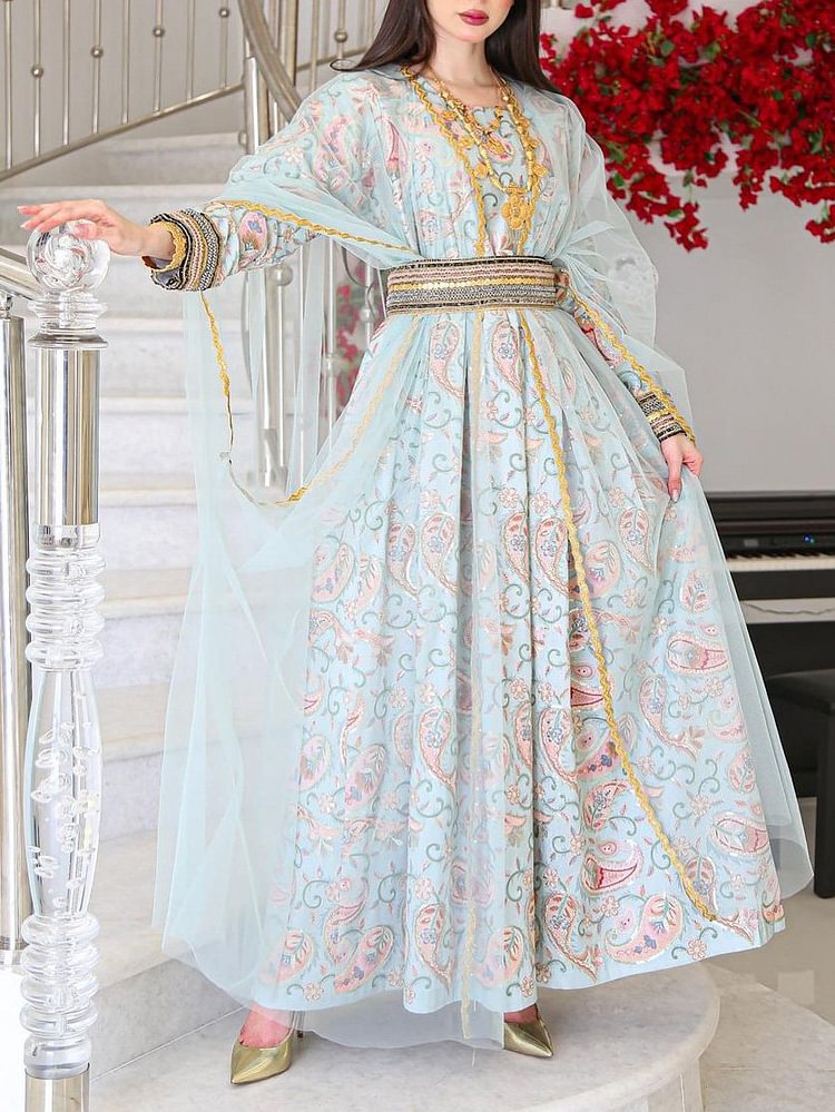 Floral Pattern Long Sleeve Kaftan and Mesh Smock Set