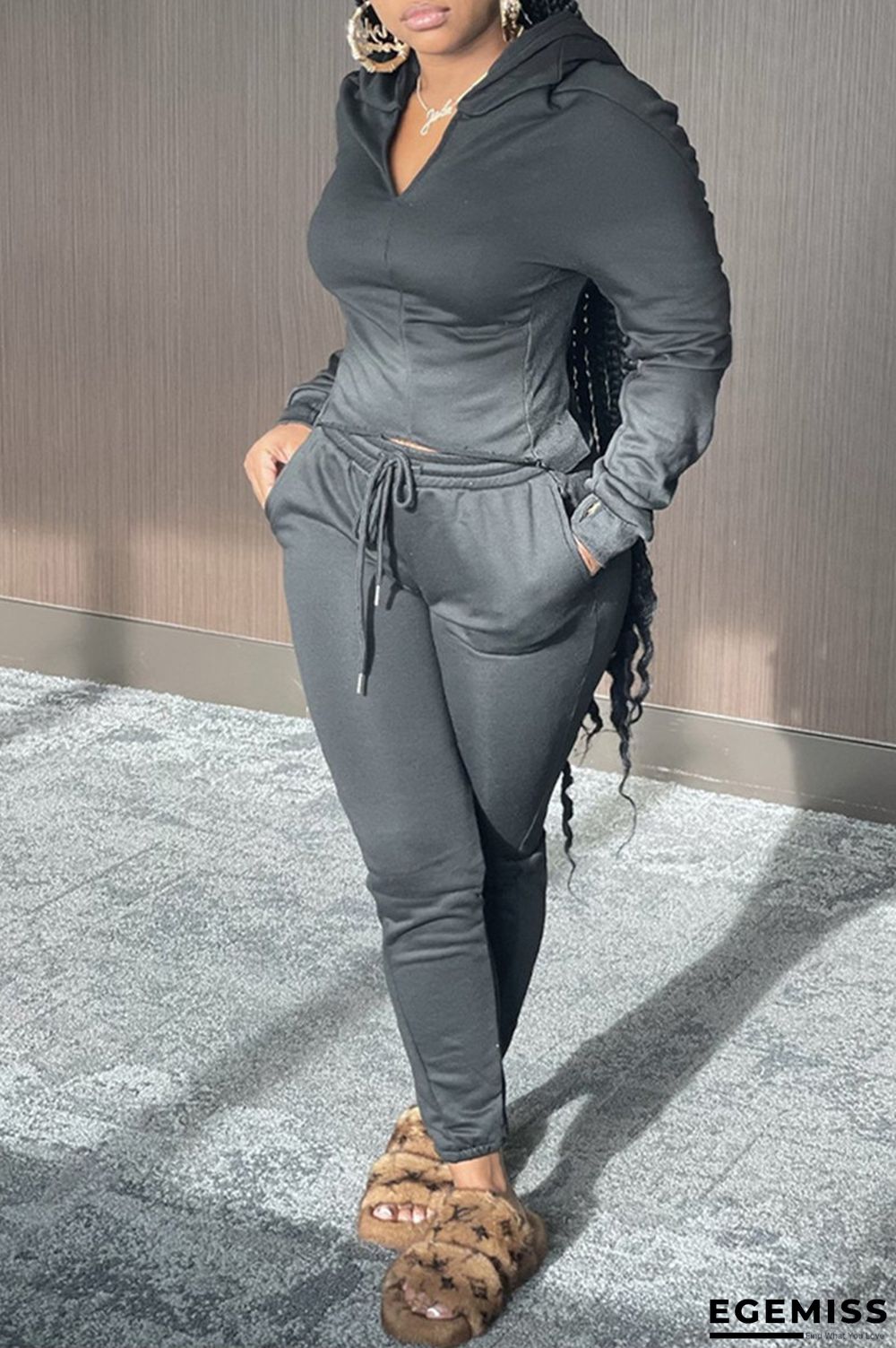 Black Fashion Casual Solid Basic Hooded Collar Long Sleeve Two Pieces | EGEMISS