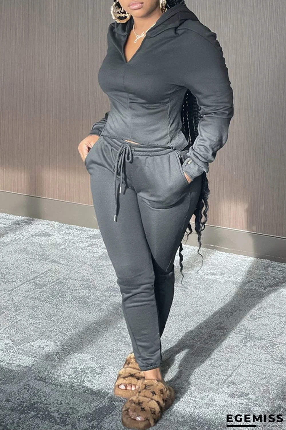 Black Fashion Casual Solid Basic Hooded Collar Long Sleeve Two Pieces | EGEMISS