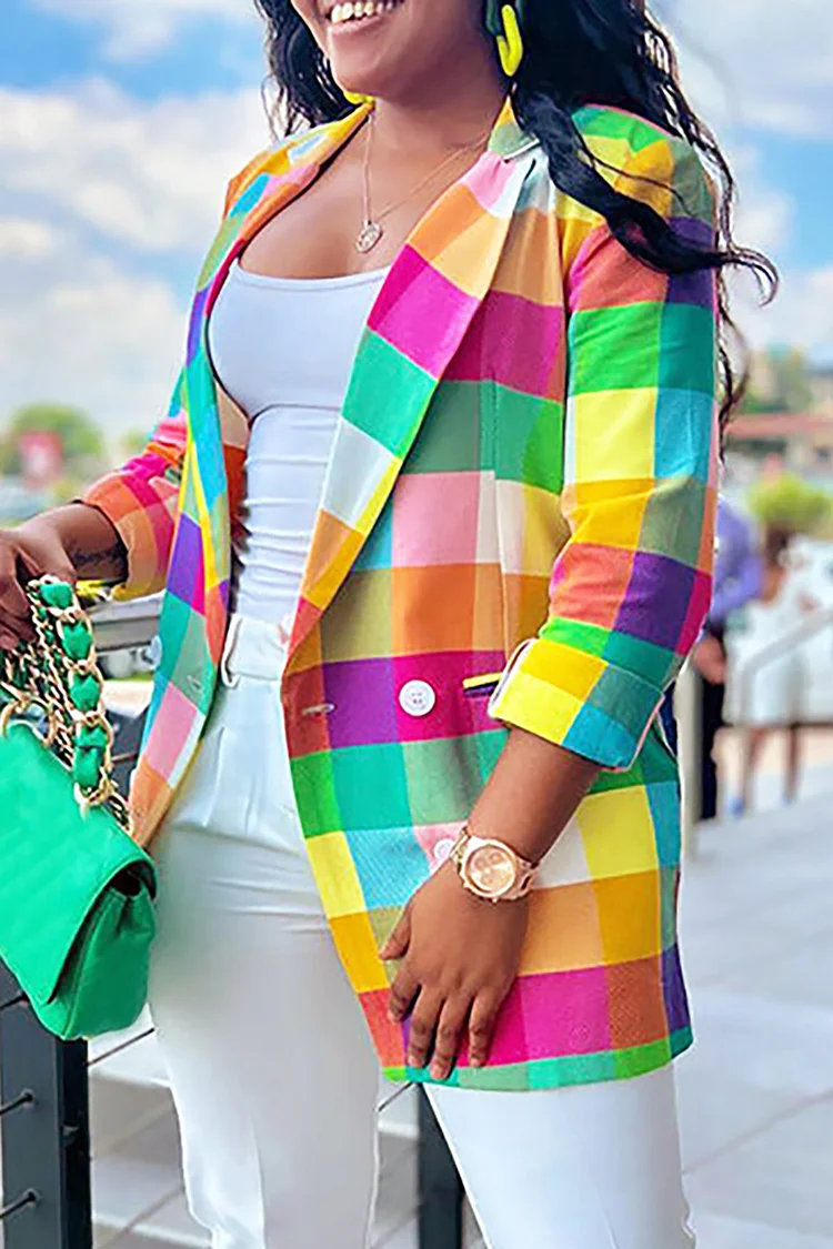 Plus Size Outerwear Blazer Business Casual Multicolor Colorblock Print Lapel Blazer