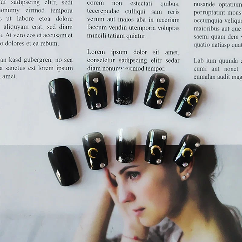 24pcs/set Punk Black Fake Nails Gold Moon Decal Middle Long Square Full Cover False Nails Women Nail Salon Nail Tips-Nail Inspo