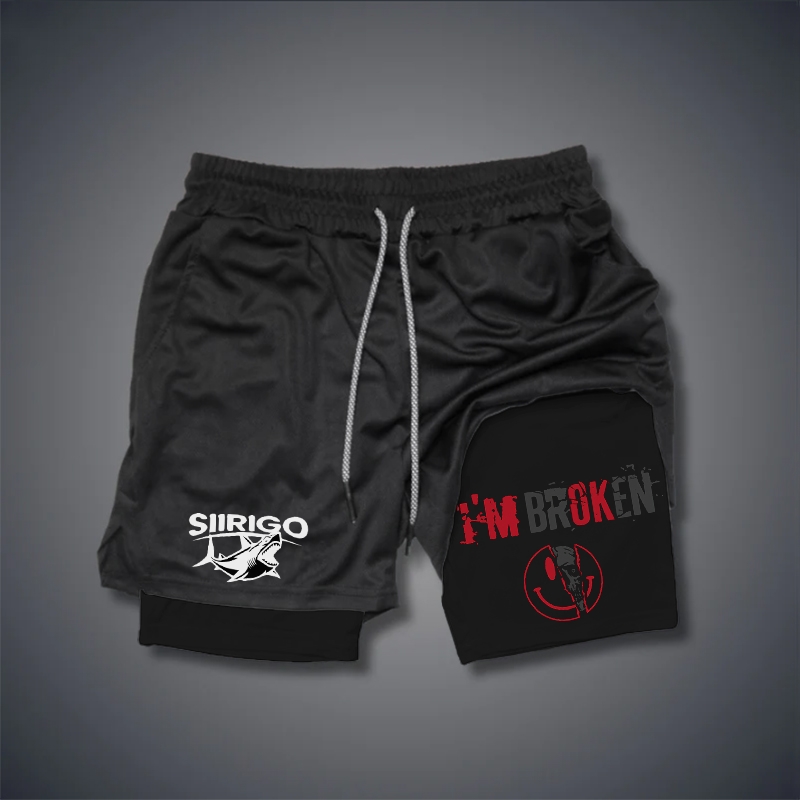 I’M BROKEN and Smiling Face Skull Graphic GYM PERFORMANCE SHORTS