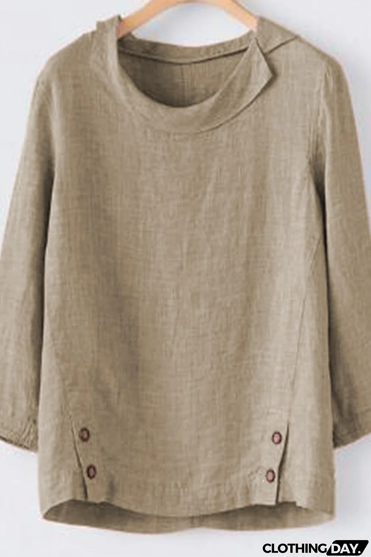 Plain Buttons Round Neck 3/4 Sleeves Blouse