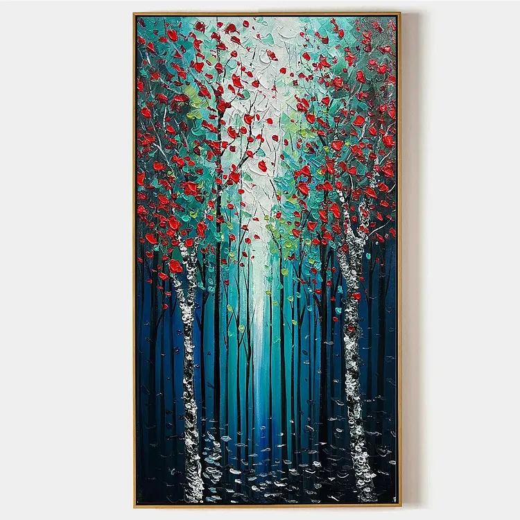 CRIMSON FOREST: Vertical Textured Impasto Painting of a Forest with Red Accents, Modern Wall Art, Blue, Green and Red（Canvas painting）