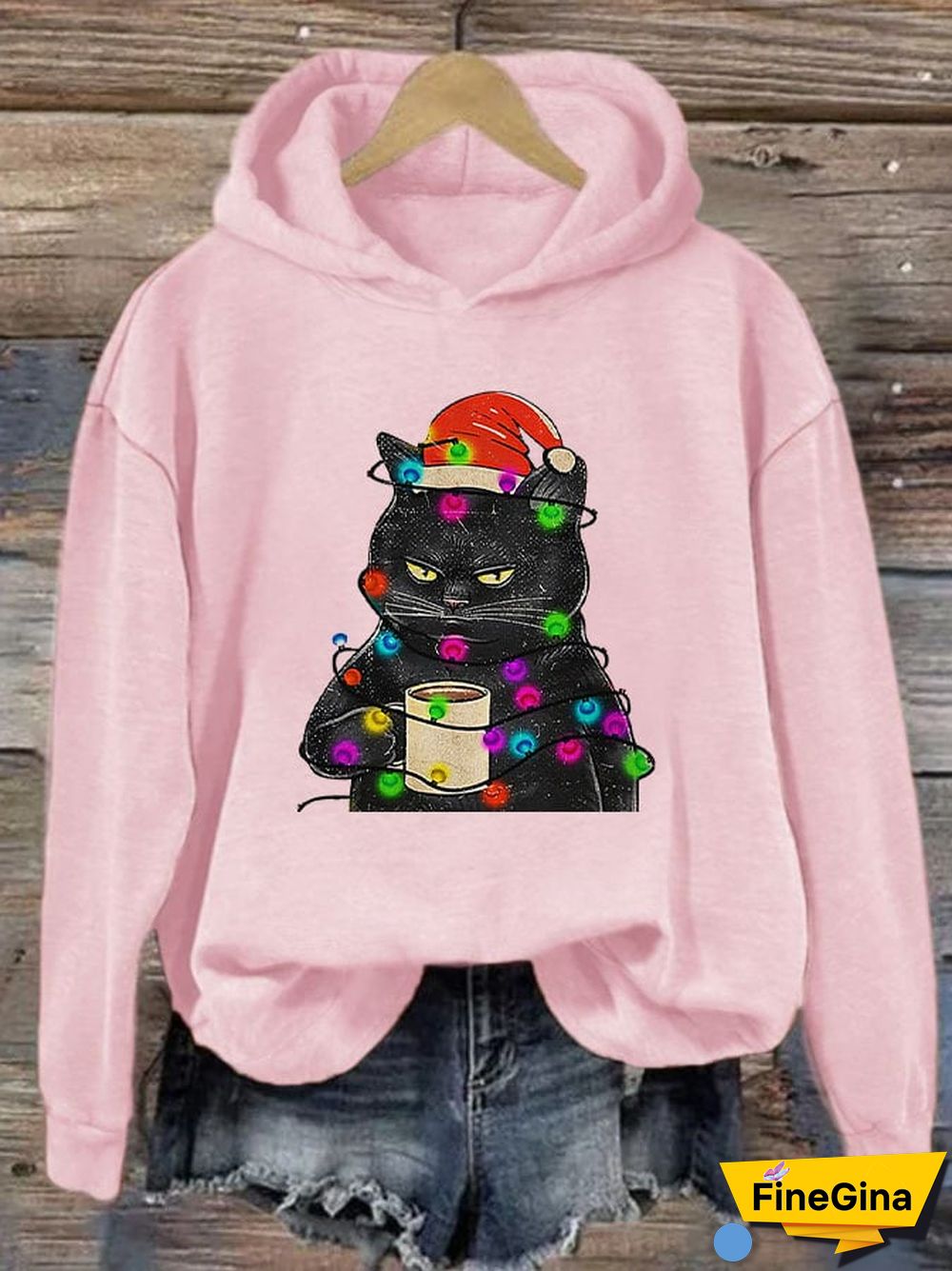 Women's Christmas Lights Black Cat Fun Print Casual Hoodie