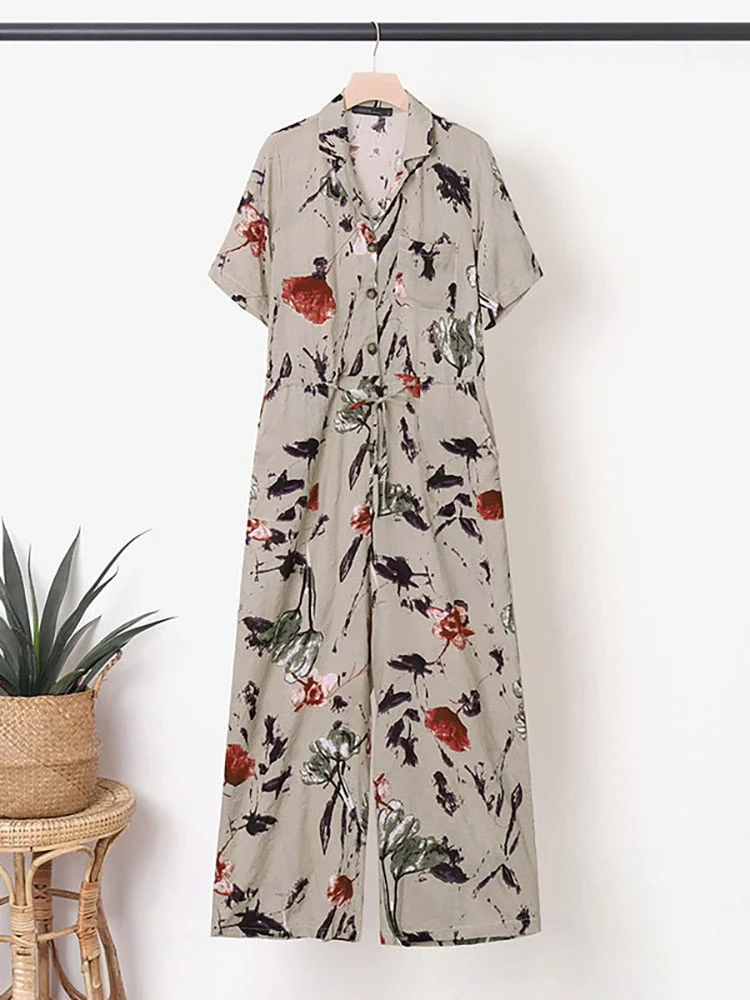 Summer Jumpsuits Women Vintage Floral Print Wide Leg Overalls ZANZEA Casual Lapel Neck Short Sleeve Long Rompers Loose Playsuits