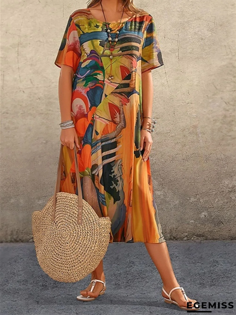 Fashion Casual Print Dress Short Sleeved Beach Dress | EGEMISS